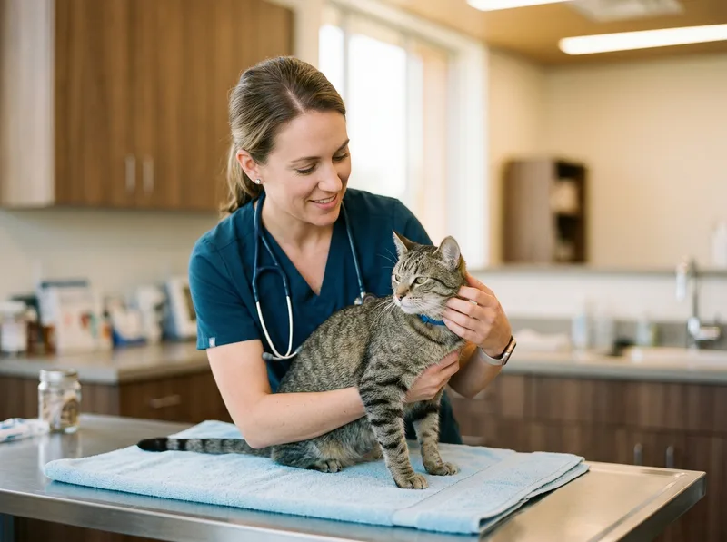 A veterinarian examining a cat